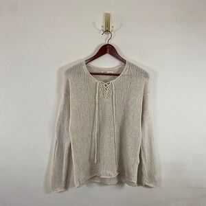 Old Navy Cream Loose Knit Lace Up Sweater Womens Medium Beachy Boho Neutral